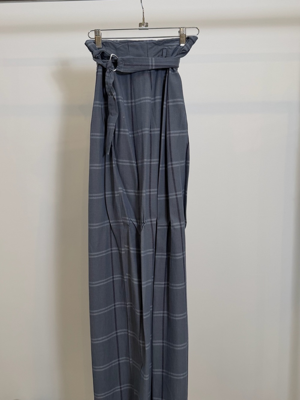 High-Waist Paperbag Plaid Wide-Leg Pants - Gray